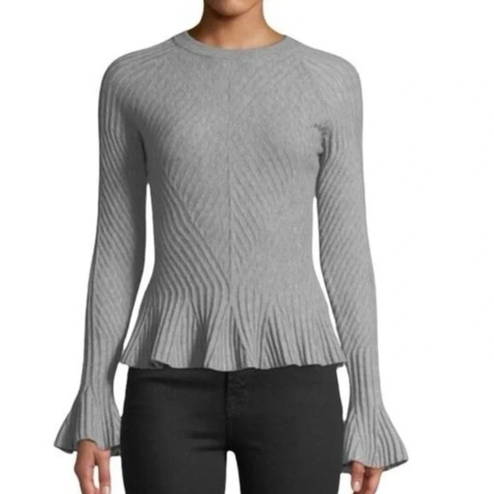 Jonathan Simkhai Gray Ribbed Wool Cashmere Bell Sleeve Peplum Sweater Medium